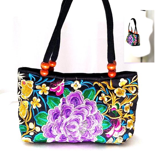 Embroidery Satchel Floral Rabbits Black Purple Canvas Tote Zip Top Handle Lined - Picture 2 of 12